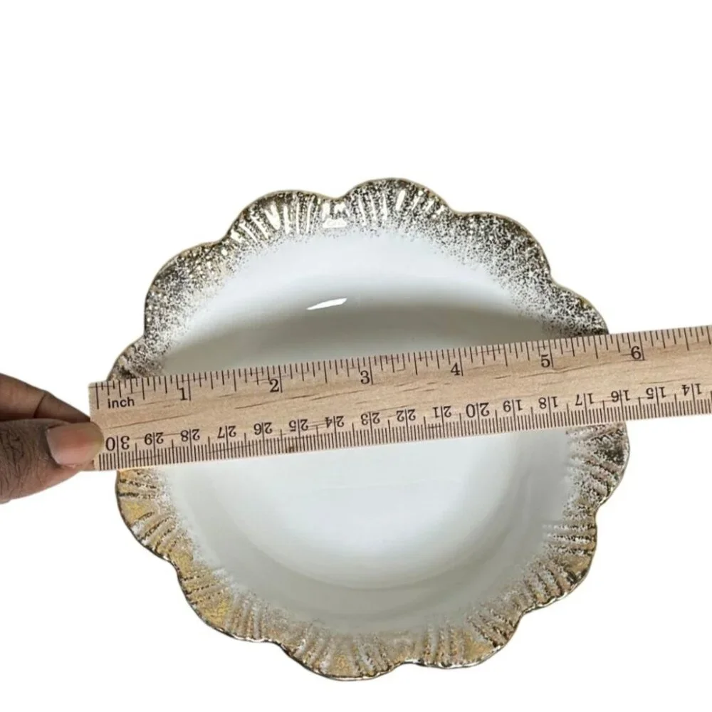 Vintage Milk Glass Petite Trinket Dish Scalloped Bowl Gilt Rim Vanity Decor